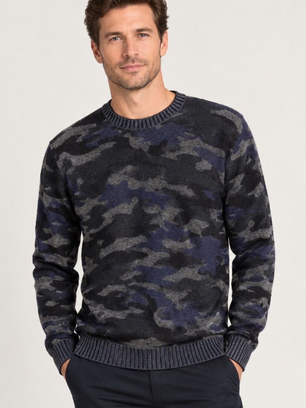 Patrick James 100% Cashmere Camo Crewneck Sweater Mens Large Blue Grey Black  L
